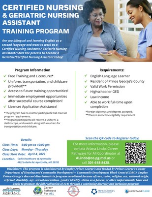 INICIATIVA GRATUITA DE FORMACIÓN PARA ASISTENTES DE ENFERMERÍA DE EMPLOY PRINCE GEORGE'S PARA ESTUDIANTES DE INGLÉS E INMIGRANTES