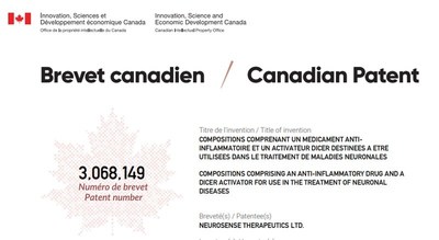 NeuroSense Therapeutics Granted Patent in Canada for its ALS Drug PrimeC