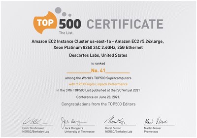 Descartes Labs Achieves #41 in TOP500 With Cloud-Based Supercomputing Demonstration Powered by AWS, Signaling New Era for Geospatial Data Analysis at Scale