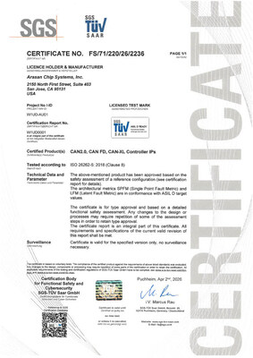 Arasan logra la primera certificación ASIL-D de la industria para su núcleo IP CAN XL